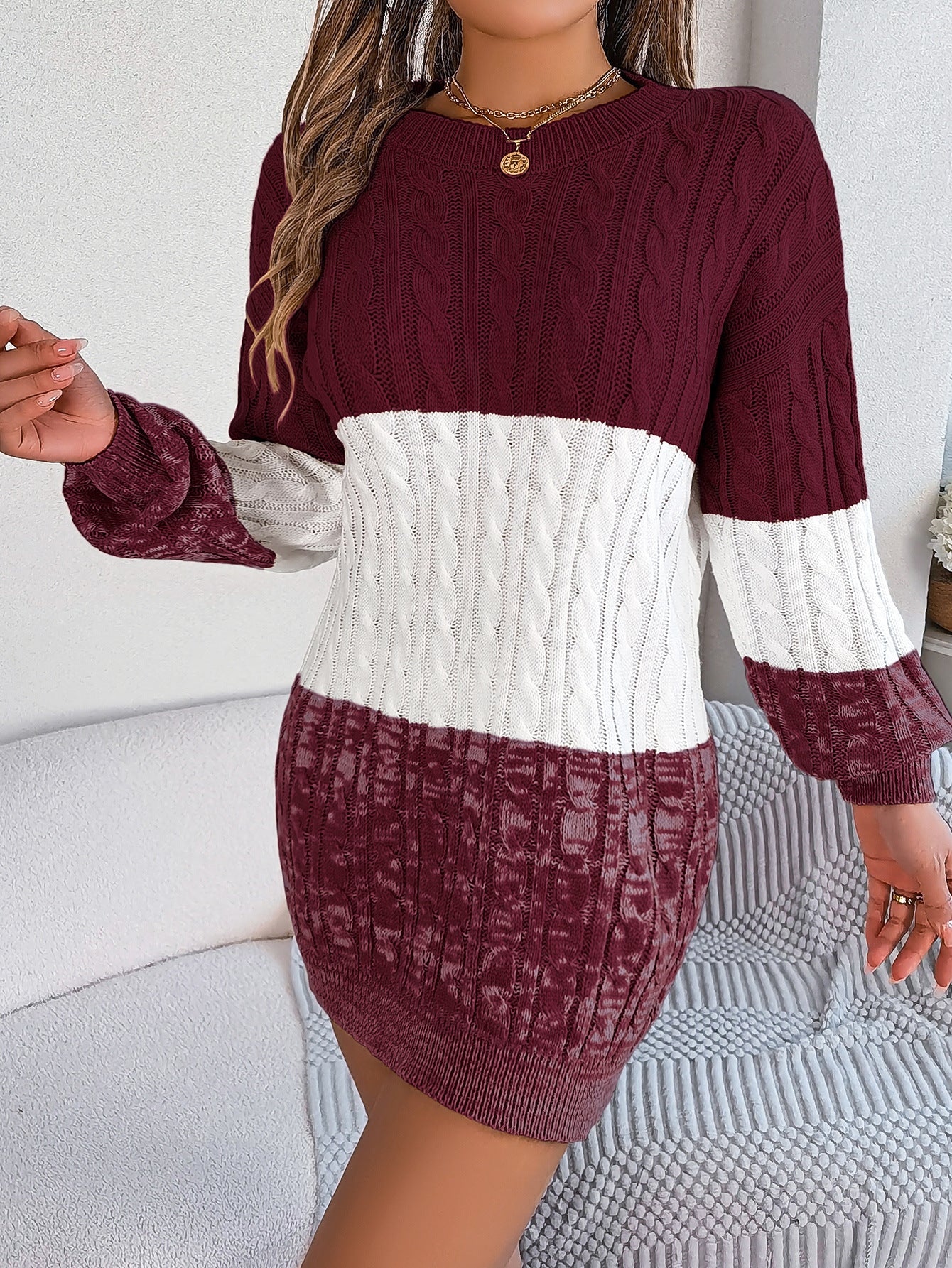 2025 Fall Winter Colorblock Cable Knit Lantern Sleeve Sweater Dress