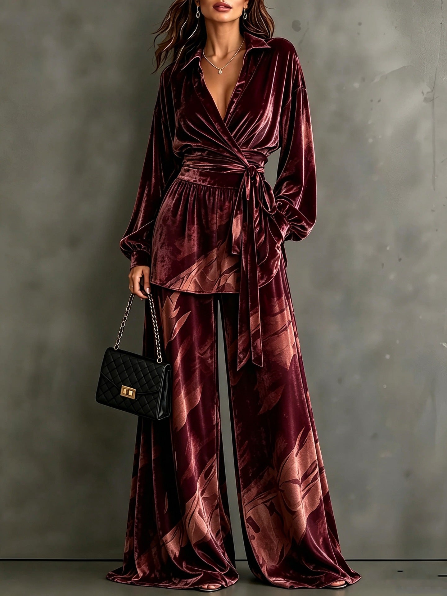 Women's Velvet Wrap Top Wide Leg Pants Two Piece Set