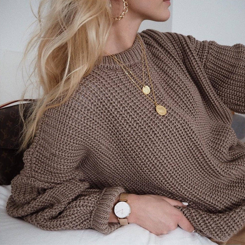 Oversized Chunky Knit Crew Neck Pullover Sweater