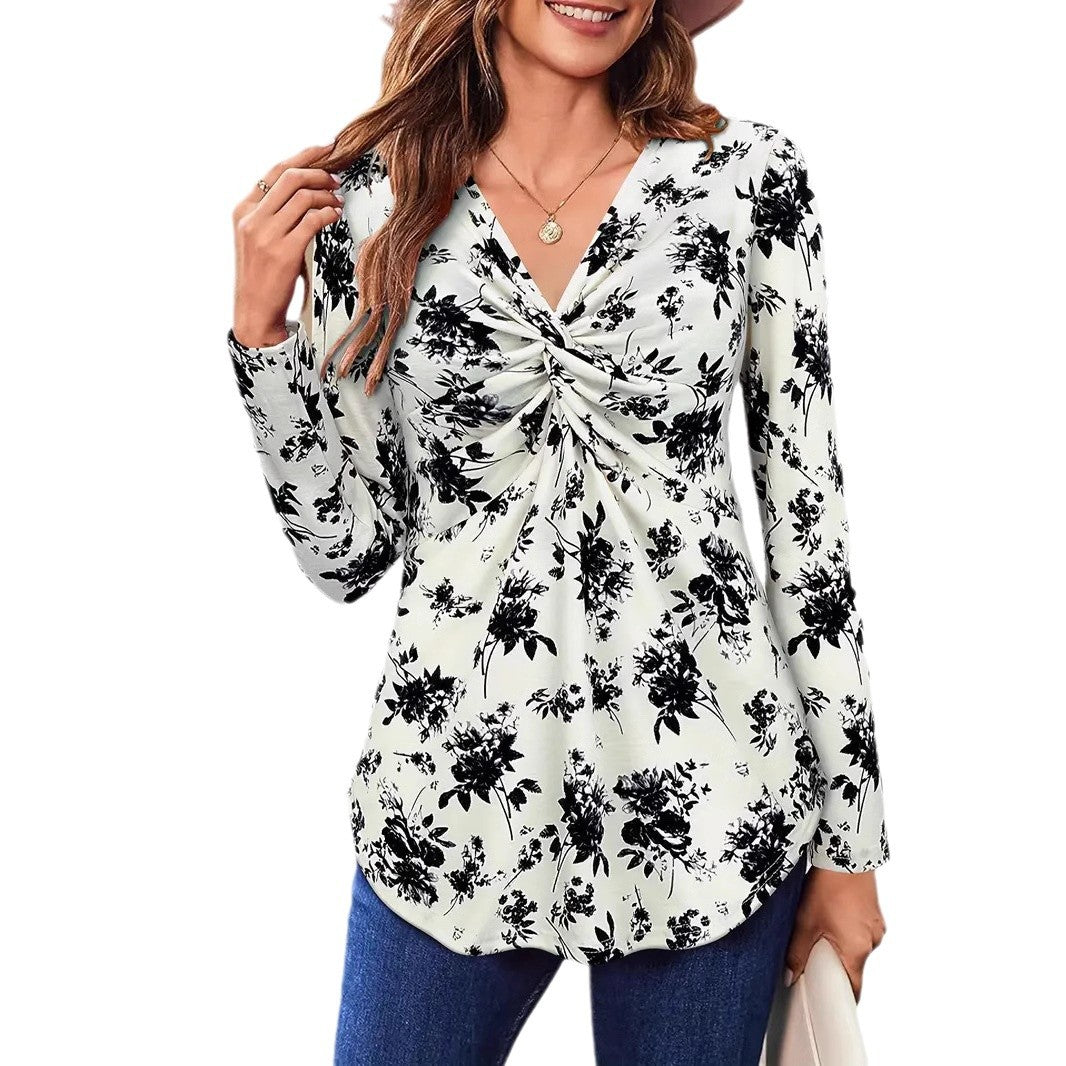 Women's Twist Front V-Neck Long Sleeve Printed Top