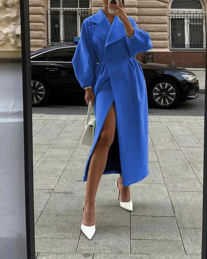 Women Wool Coat Double Breasted Balloon Sleeve Notch Lapel