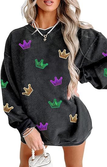 Women's Corduroy Oversized Embroidered Crewneck Sweatshirt