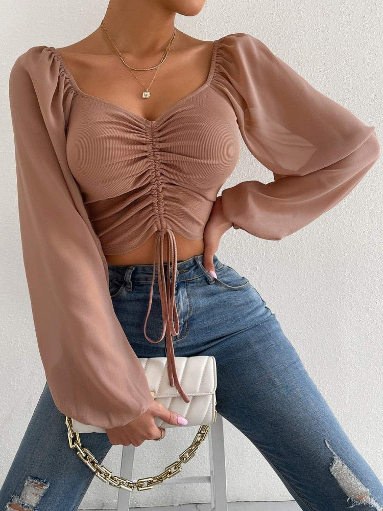 Sexy V Neck Ruched Sheer Balloon Sleeve Crop Top Blouse