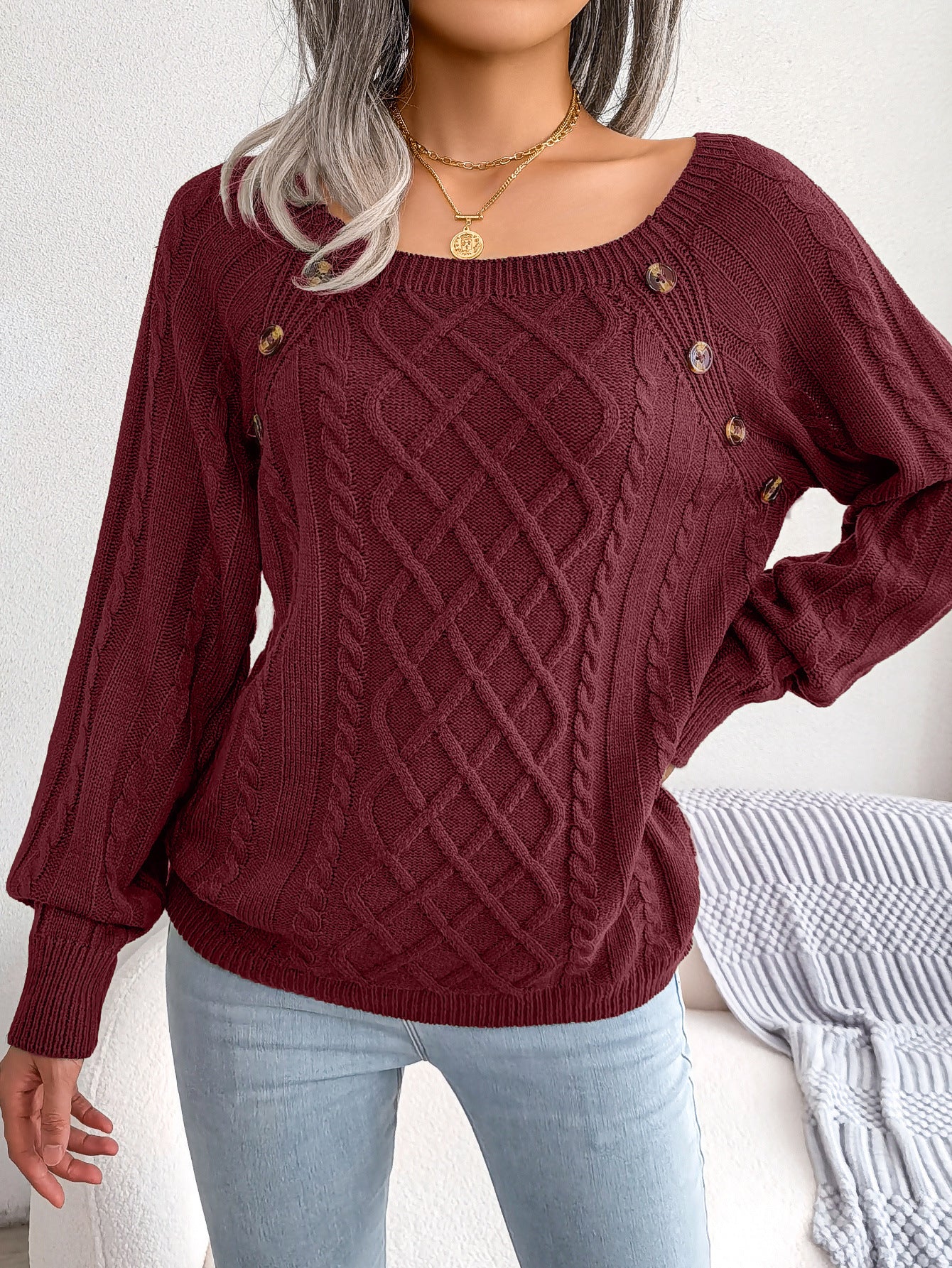 2025 Fall Winter Casual Square Neck Button Detail Cable Knit Sweater
