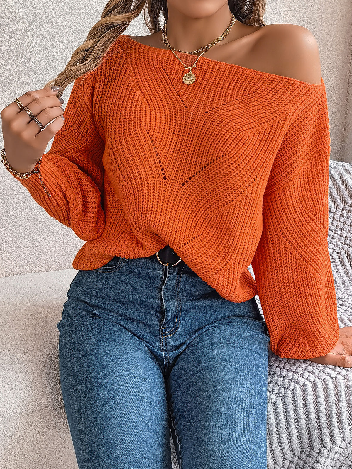 Off Shoulder Crochet Balloon Sleeve Sweater
