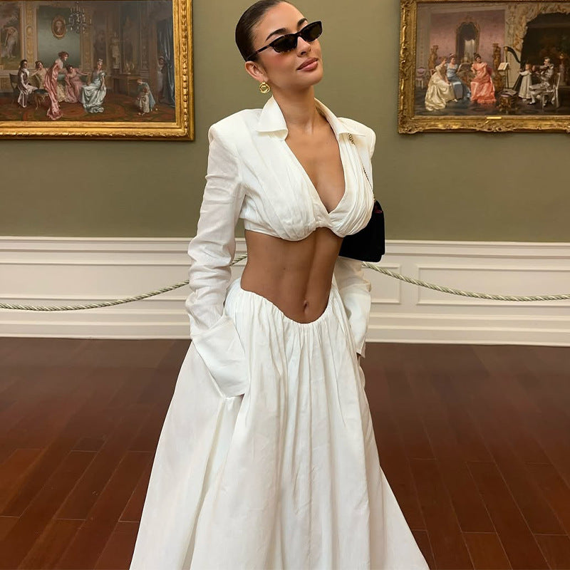 Two Piece Blazer Crop Top Maxi Skirt Set