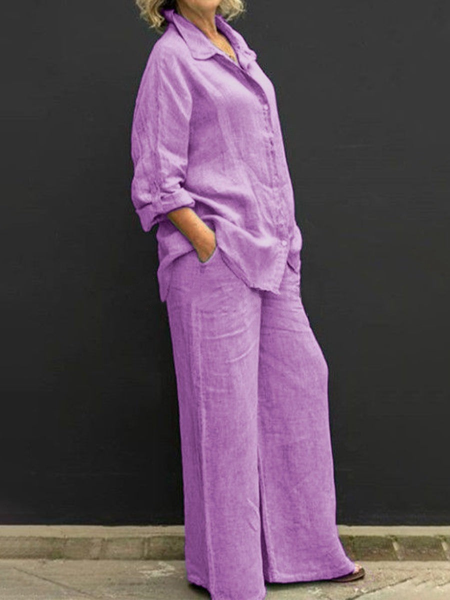 Women's Linen Cotton Shirt & Wide Leg Pants Matching Set