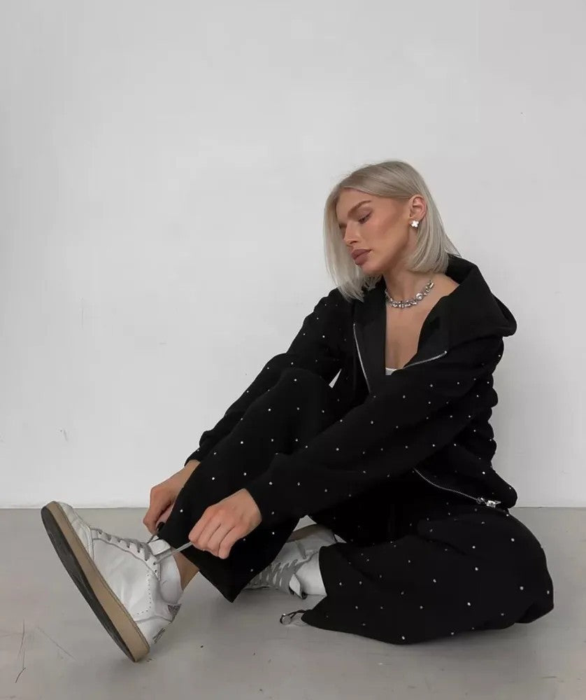 Rhinestone Oversized Hoodie Tracksuit Two Piece Set