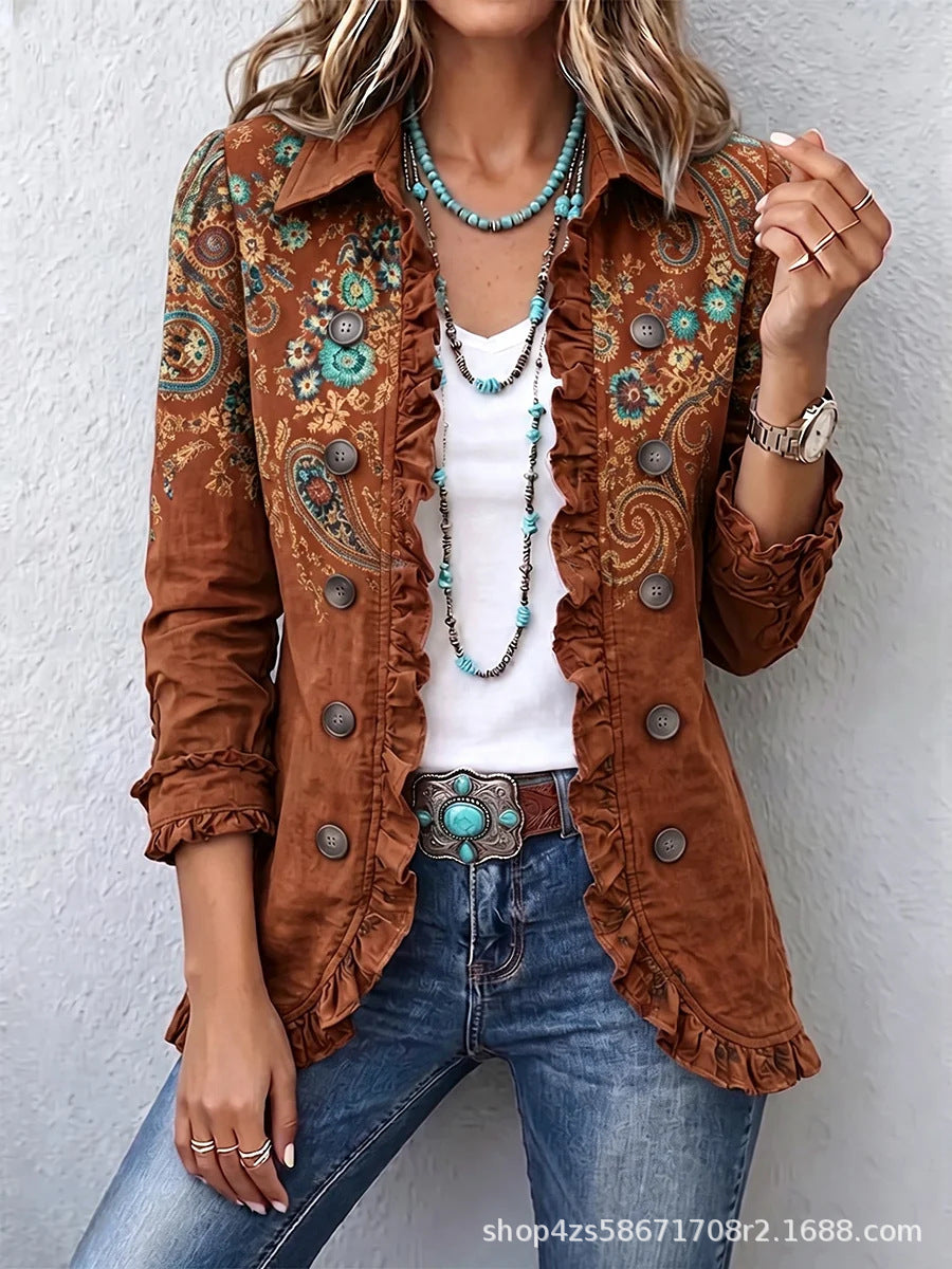 Women's Leopard Ruffle Button Down Long Sleeve Cardigan