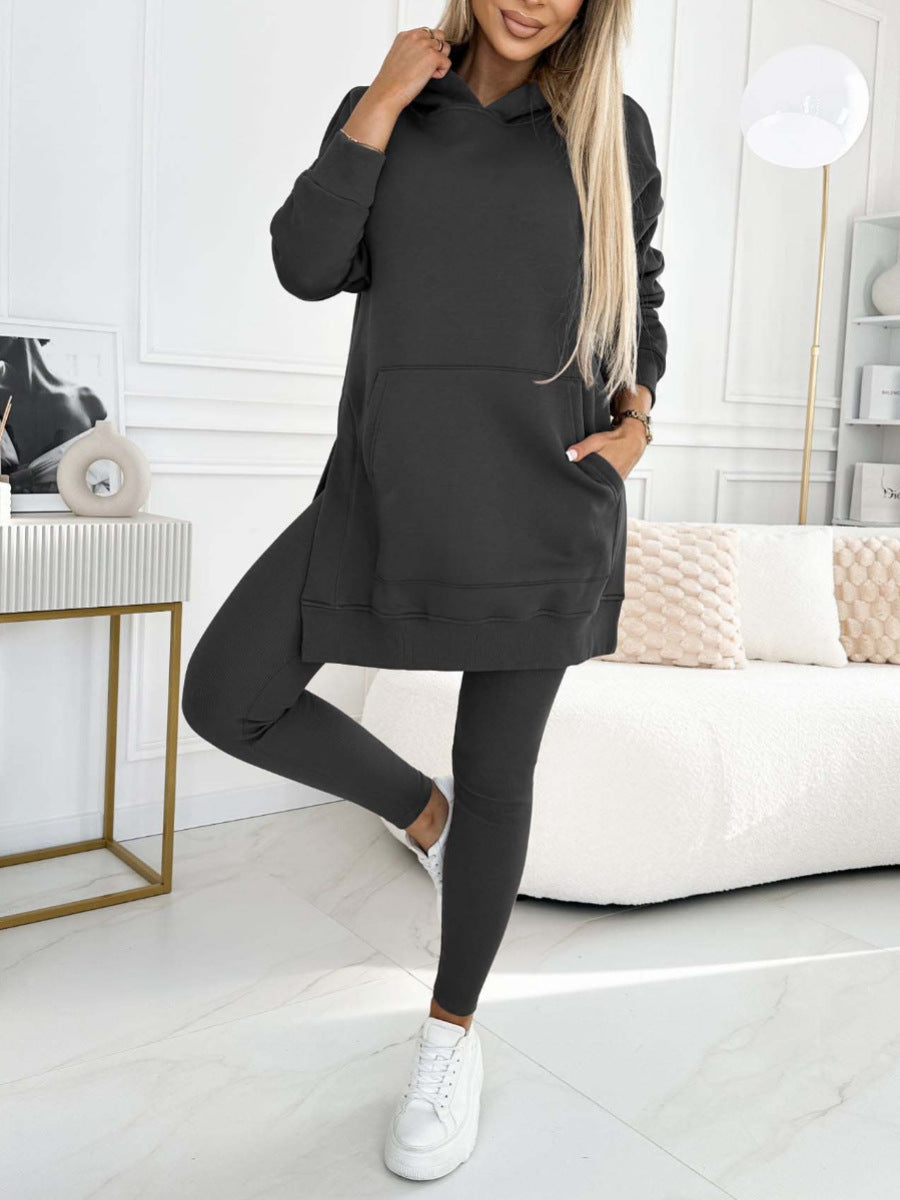 Women 2 Piece Hoodie Leggings Set Ribbed Lounge Tracksuit