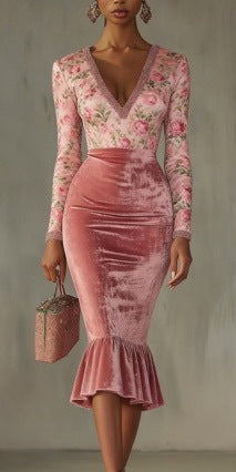 Women's Floral Velvet Bodycon Midi Dress V-Neck Long Sleeve