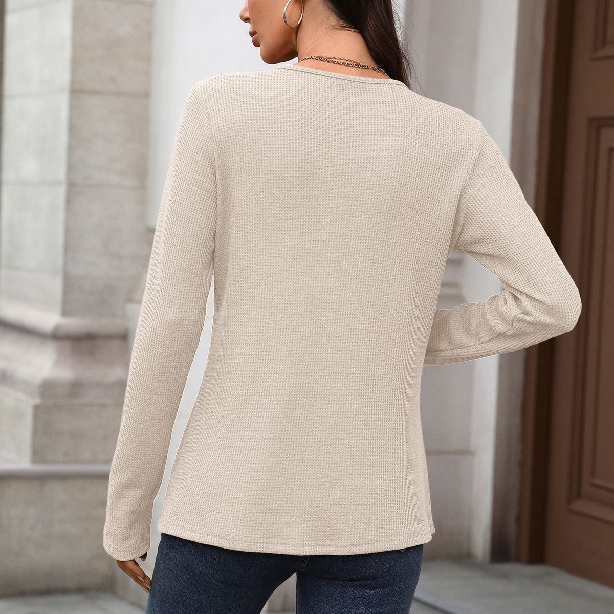 Women's Waffle Knit Henley Long Sleeve Loose Tunic Top