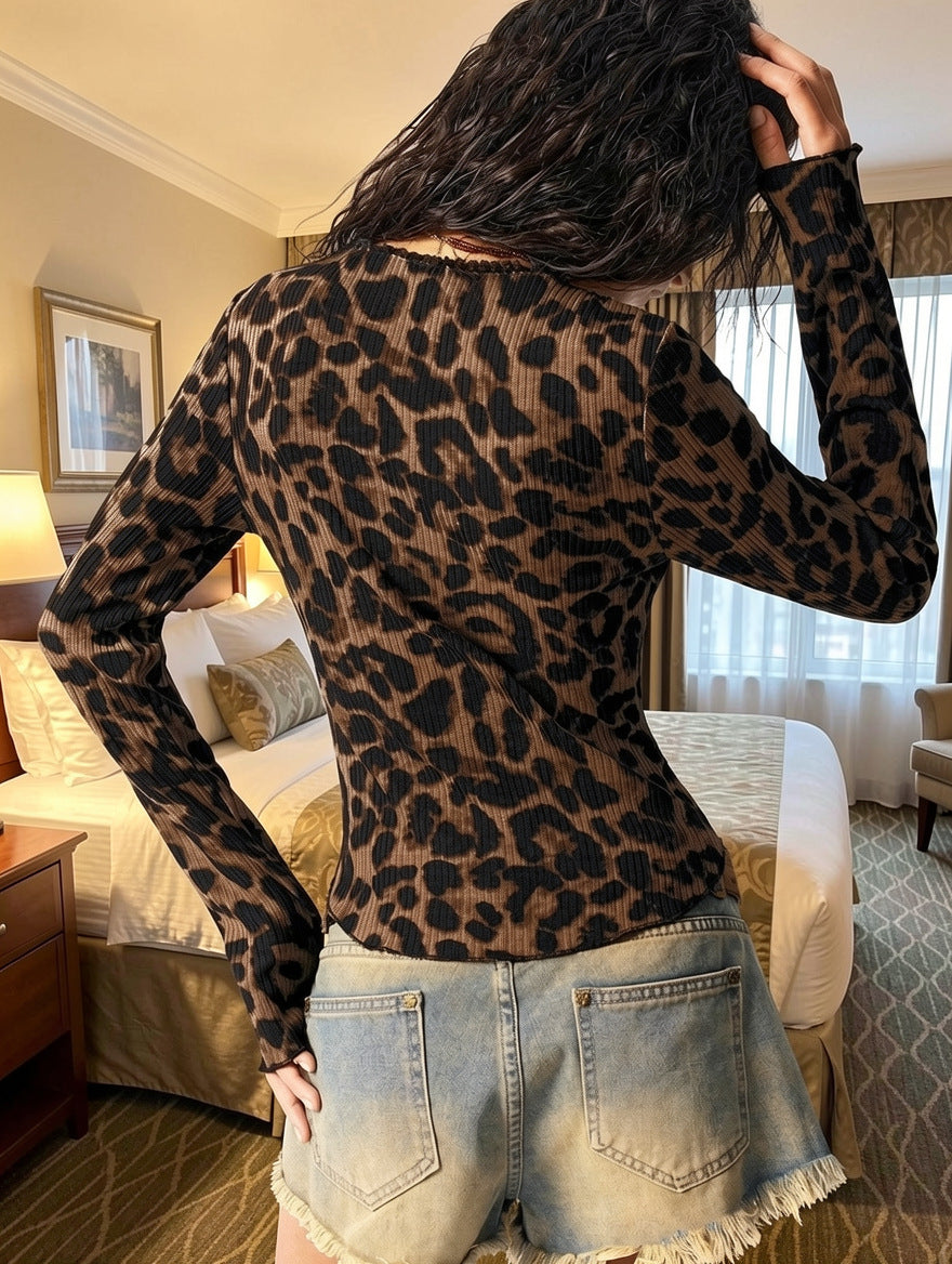 Y2K Leopard Print V Neck Button Front Crop Cardigan