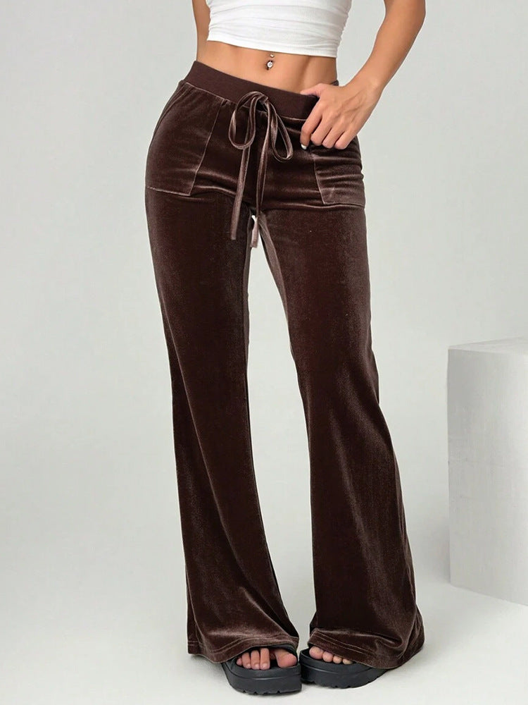 Velvet Drawstring Flare Pants with Pockets