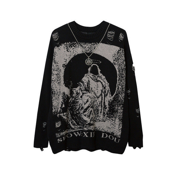 Oversized Gothic Distressed Crewneck Sweater