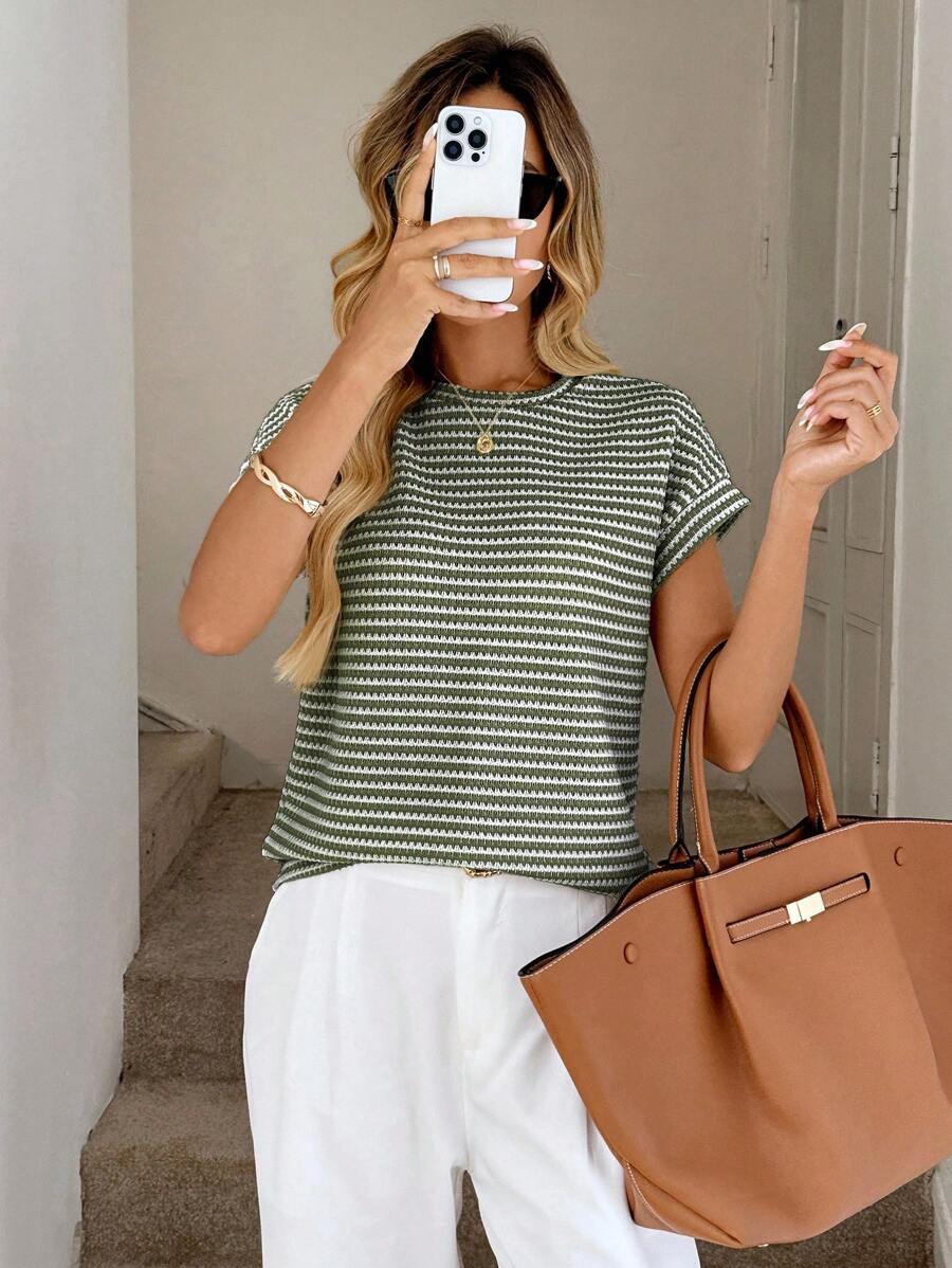 Striped Textured Knit Crew Neck Short Sleeve Top