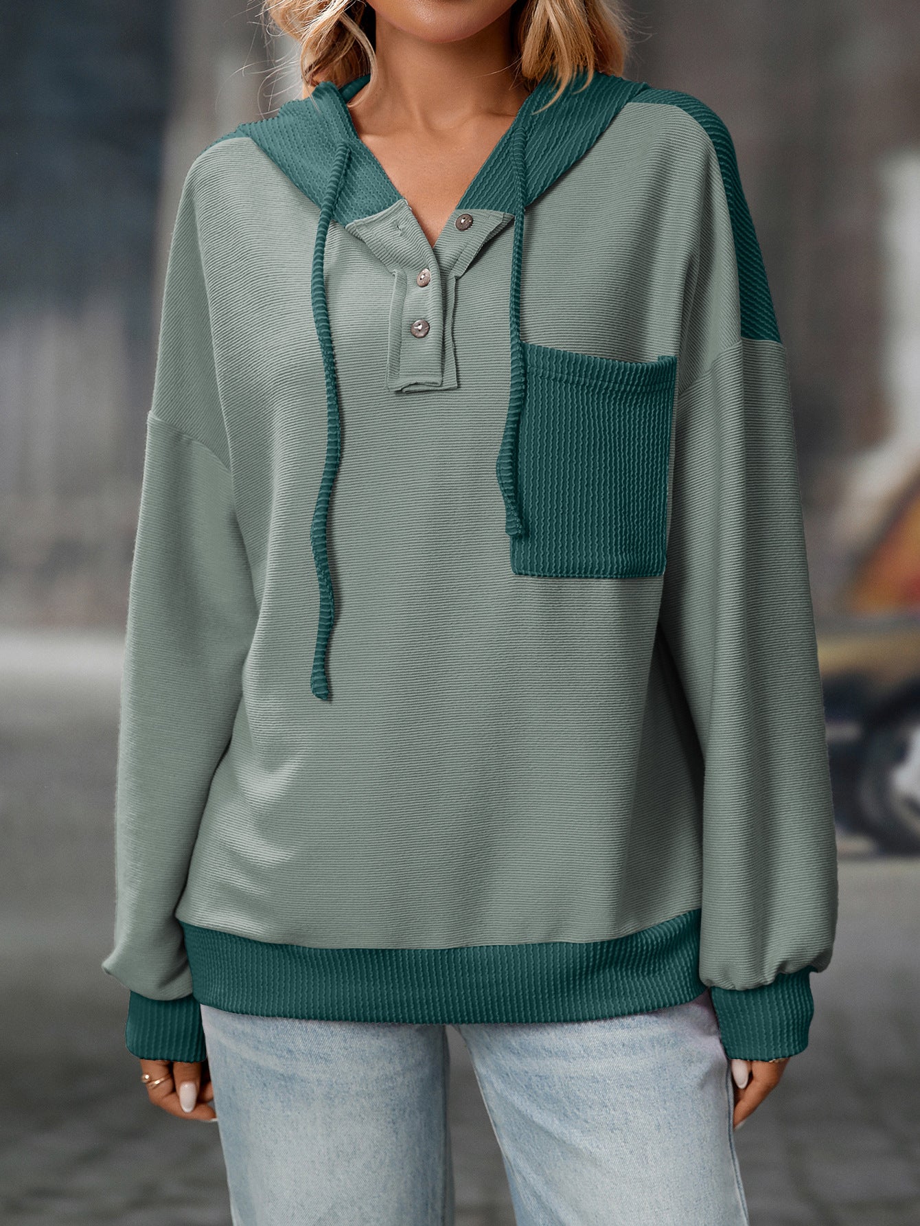 2025 Fall/Winter Colorblock Knit Trim Hoodie – Casual Pullover Sweatshirt