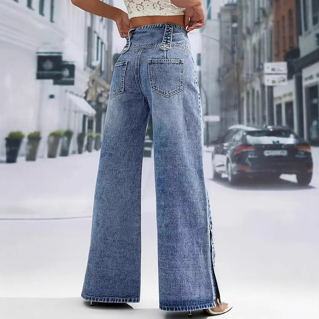 Vintage High Waist Button Wide Leg Split Hem Jeans