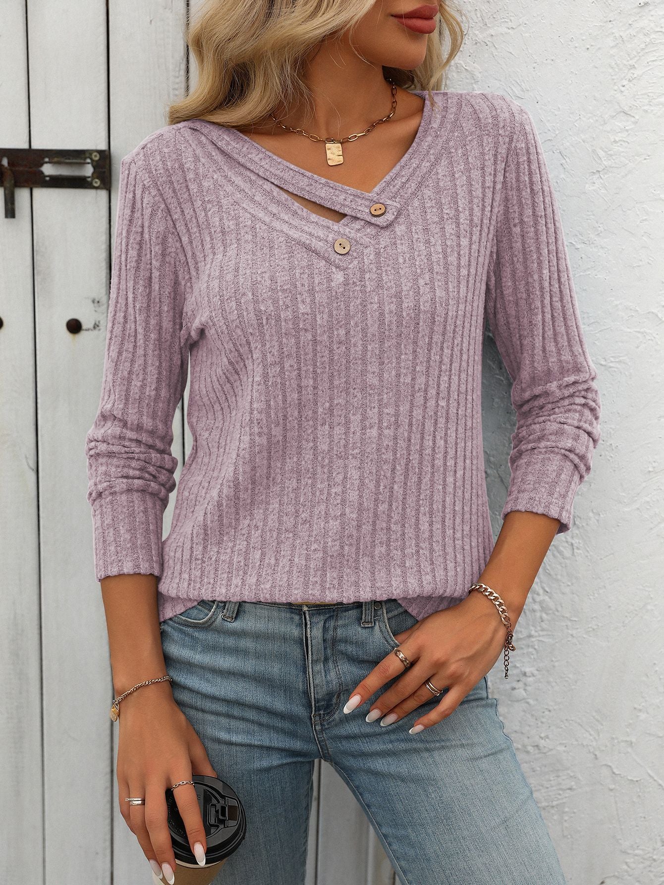 Ribbed V Neck Button Detail Long Sleeve Top