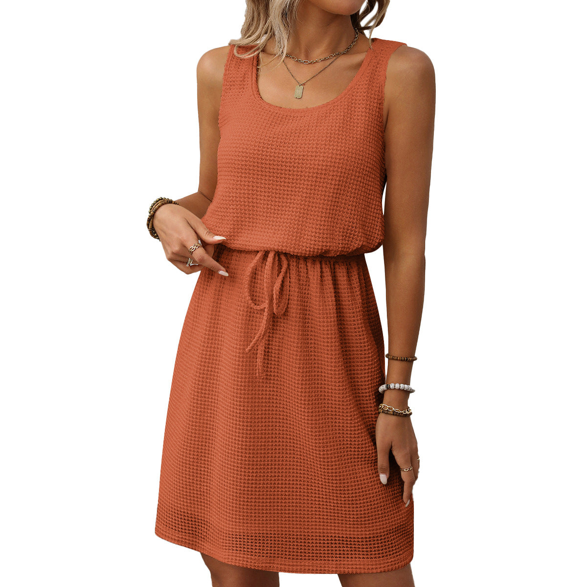 Waffle Knit Sleeveless Drawstring Waist Mini Dress