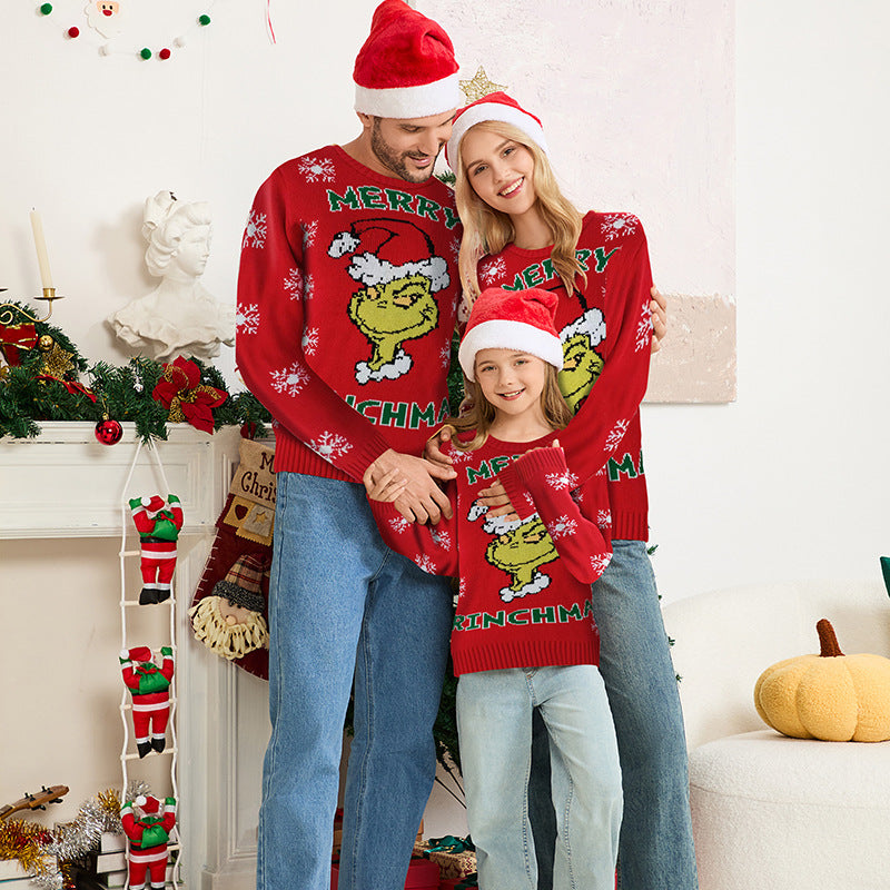 Family Matching Grinch Christmas Sweaters Red Knit Pullover