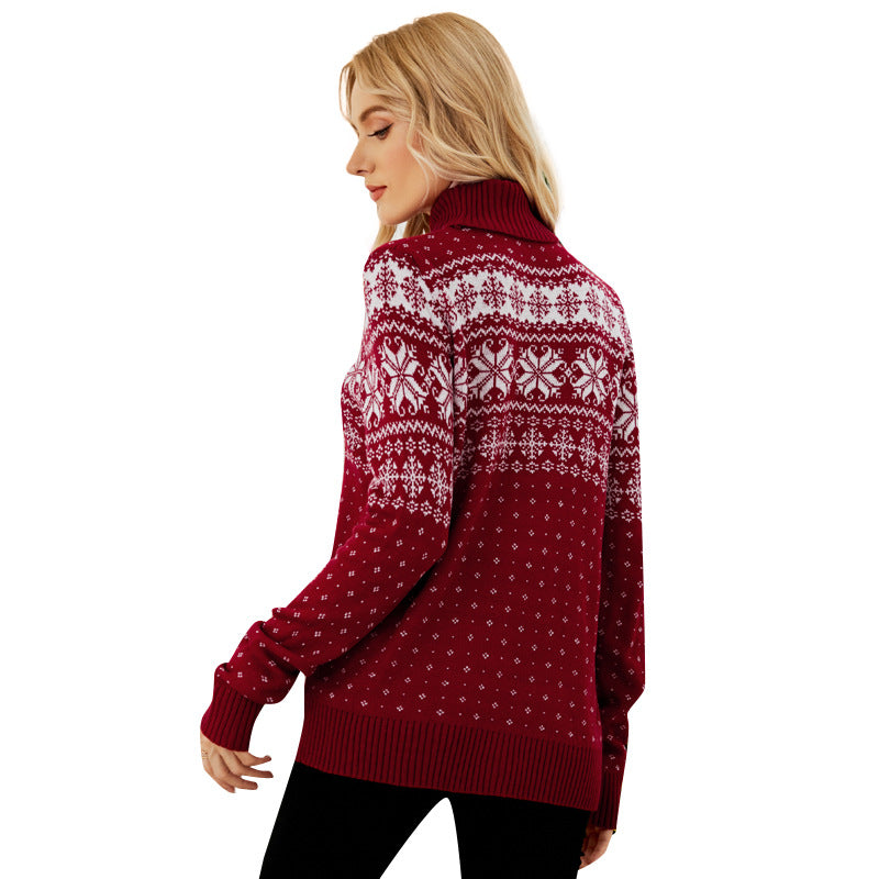 Red & Navy Snowflake Turtleneck Christmas Knit Sweater