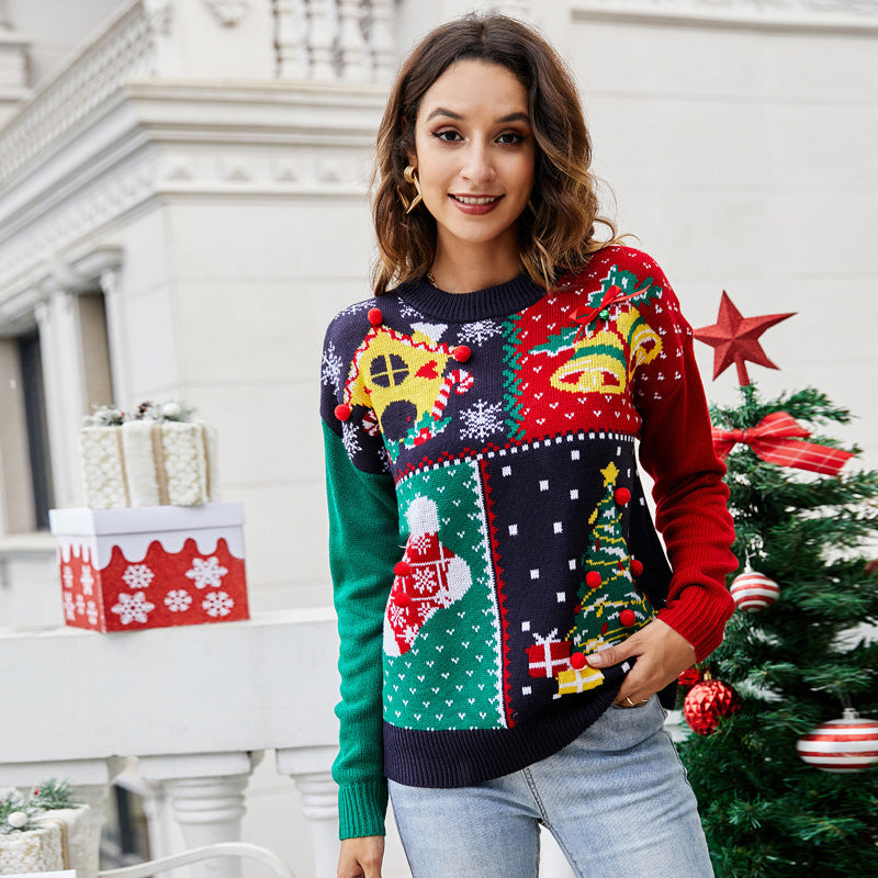 Christmas Patchwork Knit Sweater Women Holiday Pullover