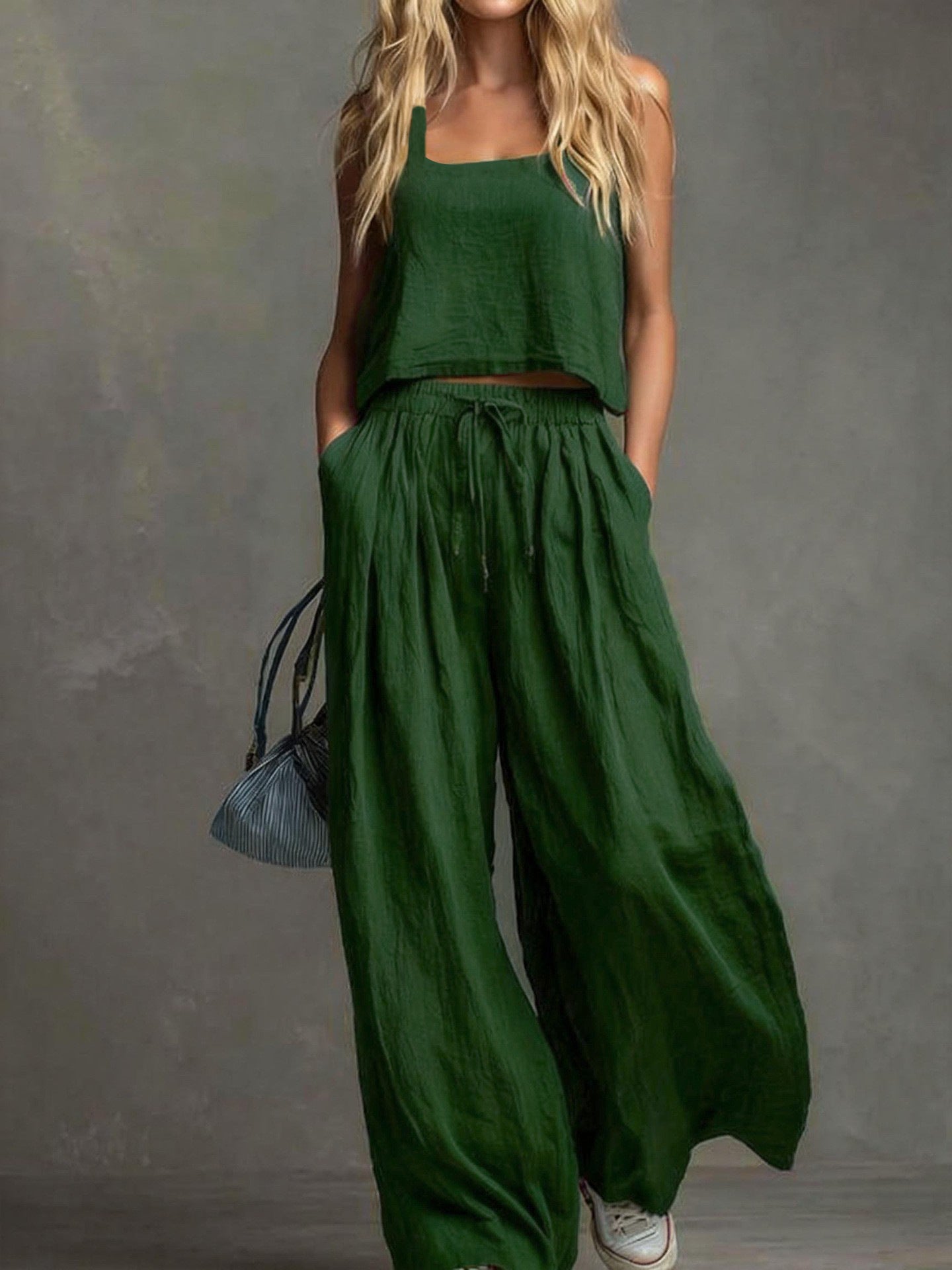 Women's Linen Look Matching Set Tank Wide Leg Pants