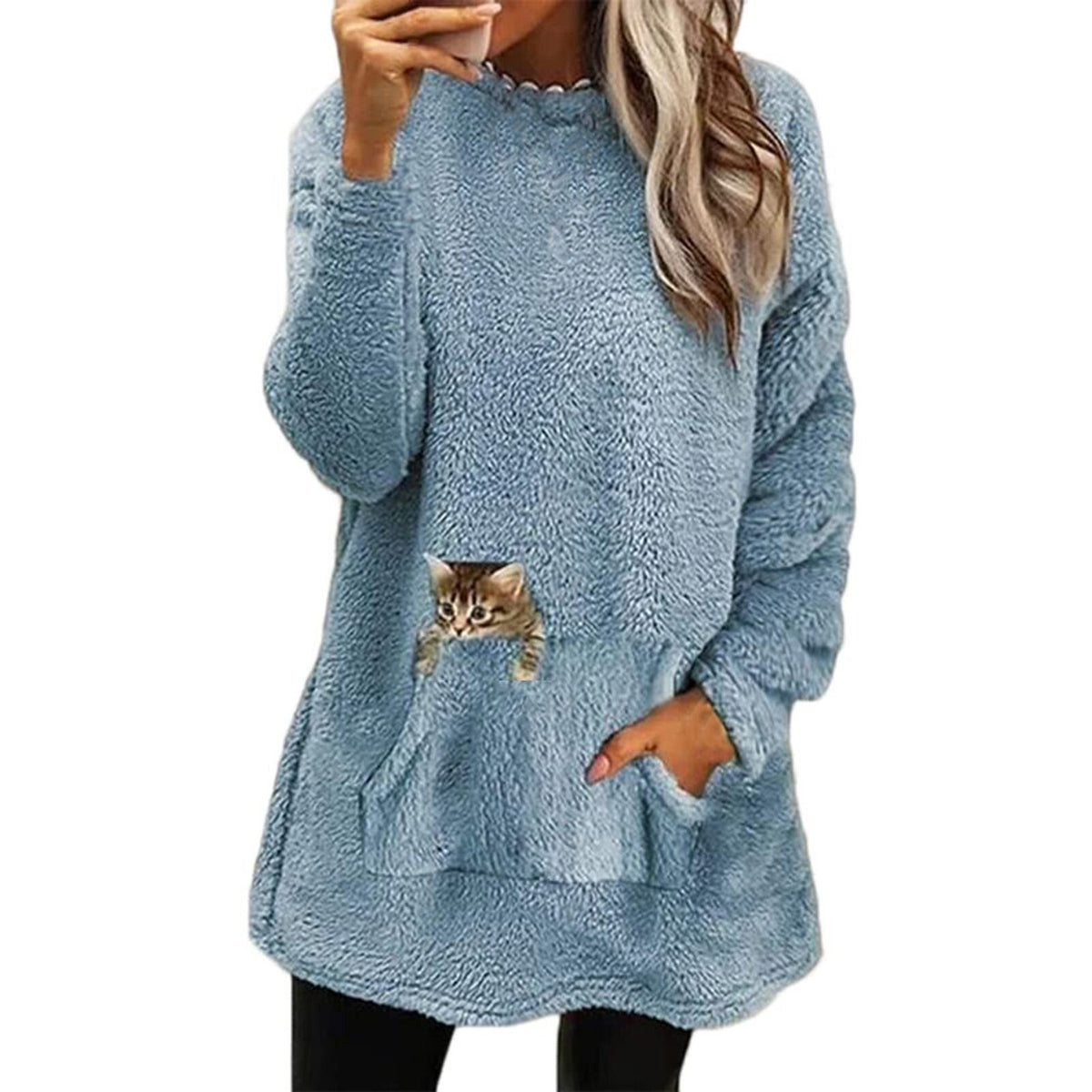 Womens Cute Cat Pocket Sherpa Fleece Pullover