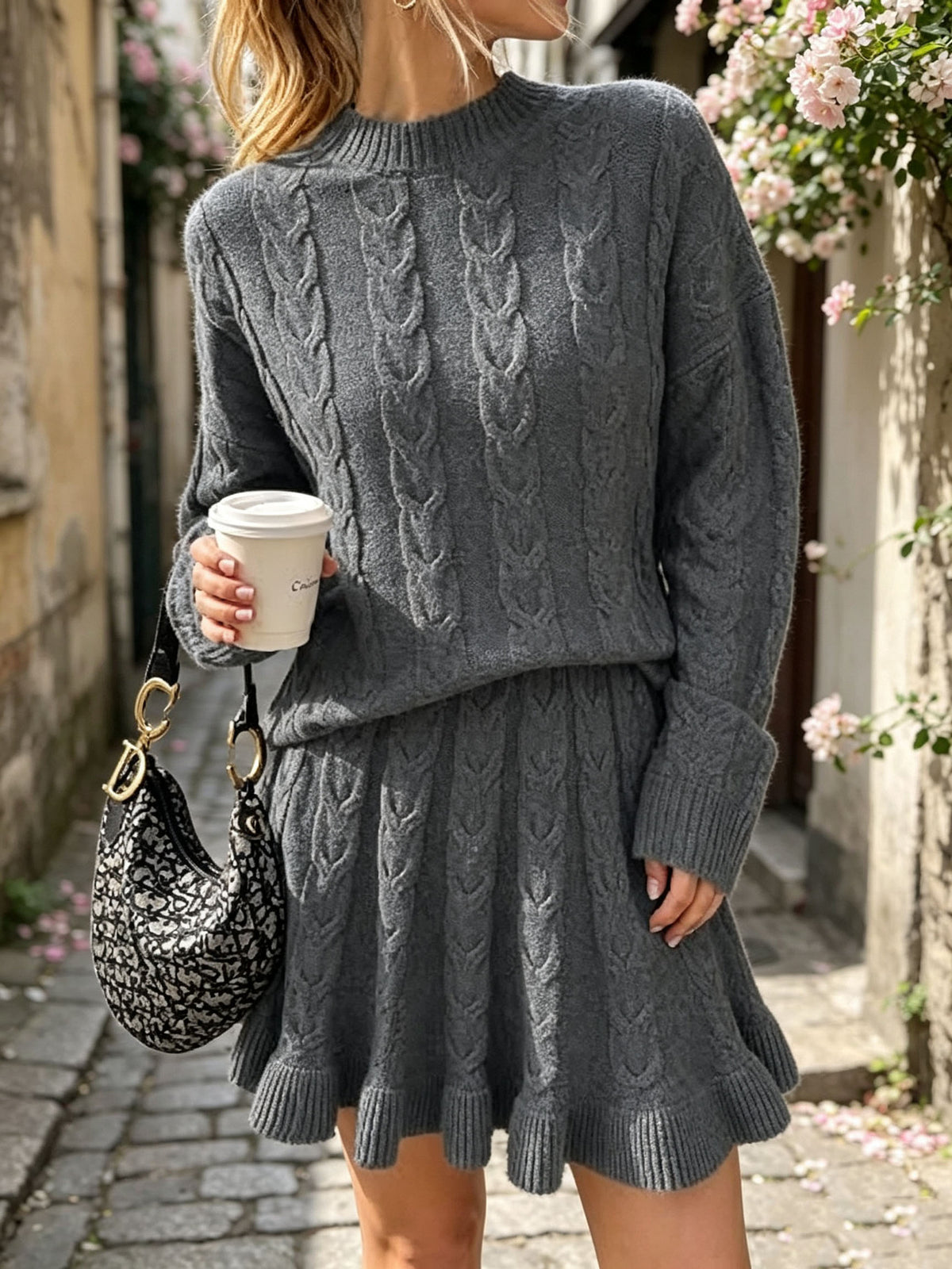Women's Cable Knit Sweater & Ruffle Skirt Set