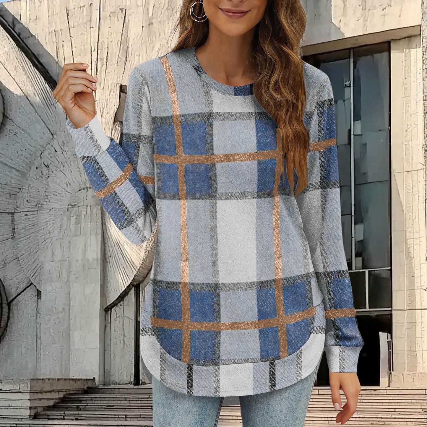 Women's Oversized Plaid Long Sleeve Tunic Top Curved Hem