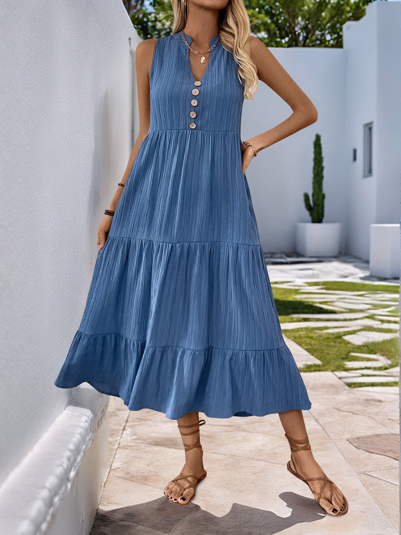 Sleeveless V Neck Button Front Tiered Midi Dress