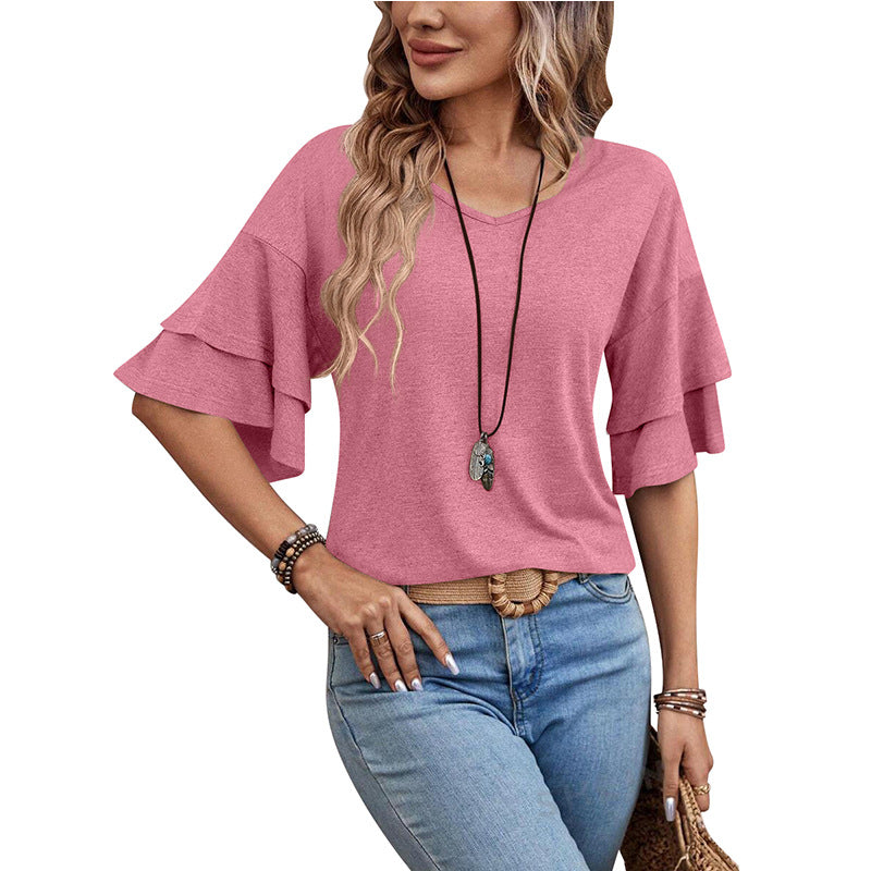 Customizable Women's V-Neck Flutter Sleeve Top – Casual Summer T-Shirt