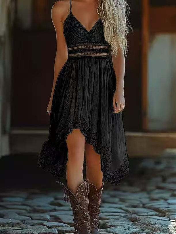 Boho Western Crochet Lace High Low Midi Dress