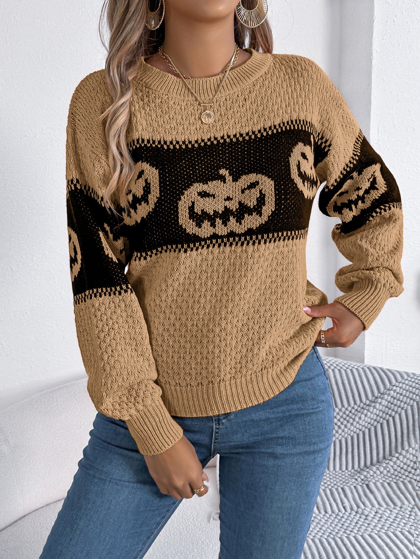 Women's Halloween Pumpkin Color Block Crewneck Sweater