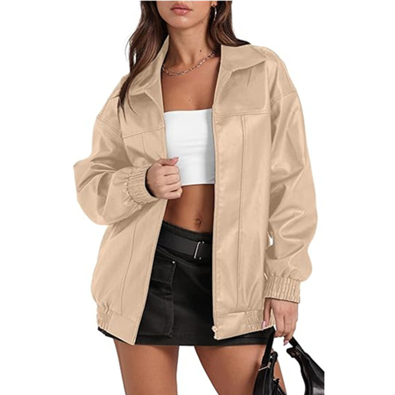 Women's Oversized Faux Leather Jacket Zip Up Collared