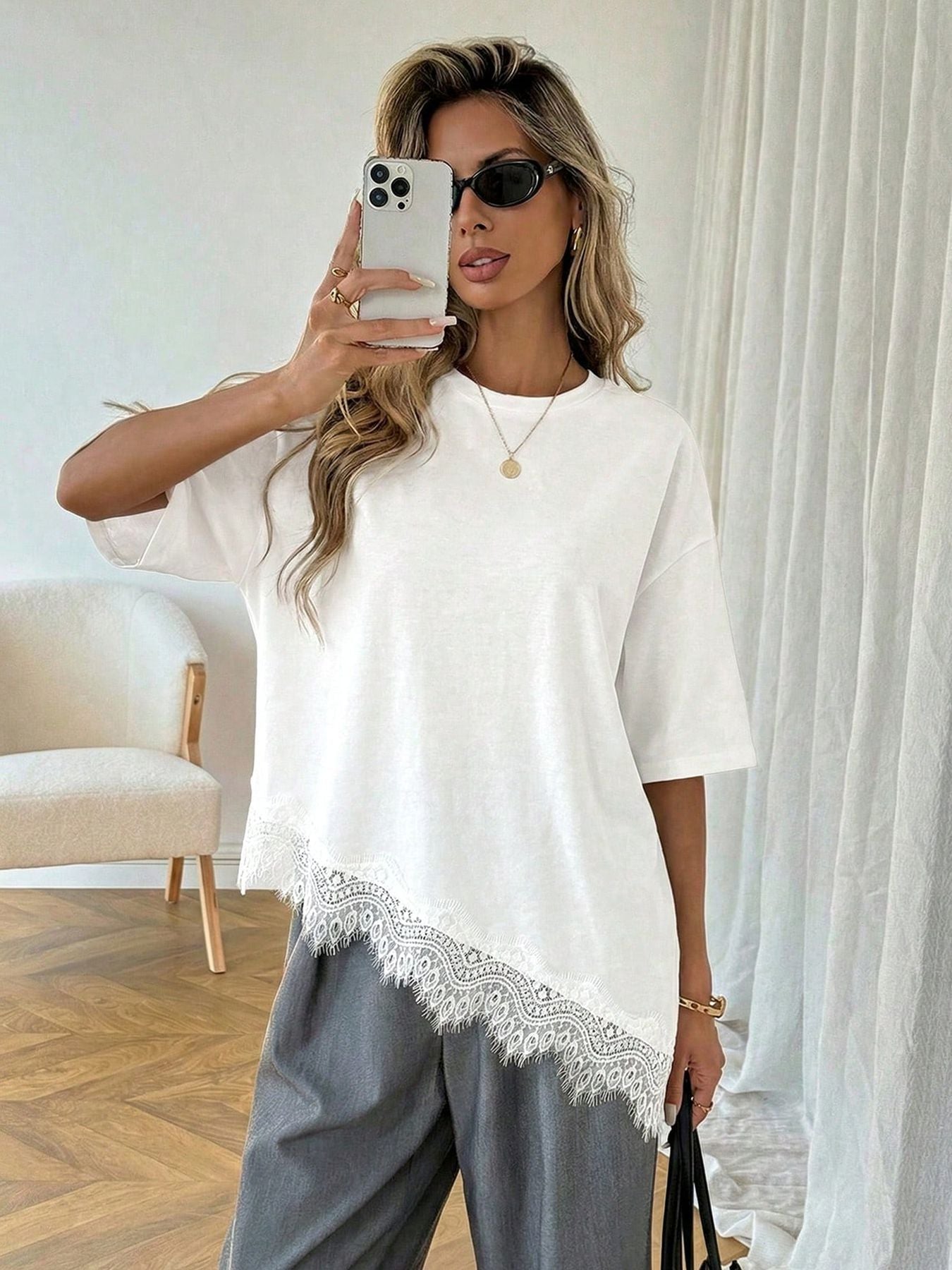 Lace Hem Cotton T Shirt Oversized Short Sleeve Casual Top