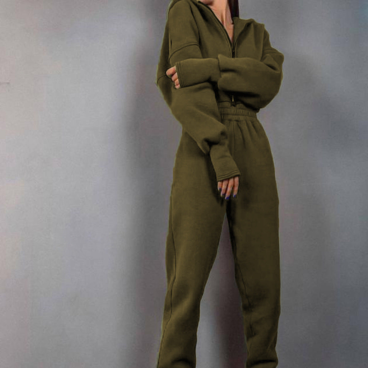 Women's Zip Up Hooded Fleece Jumpsuit Streetwear