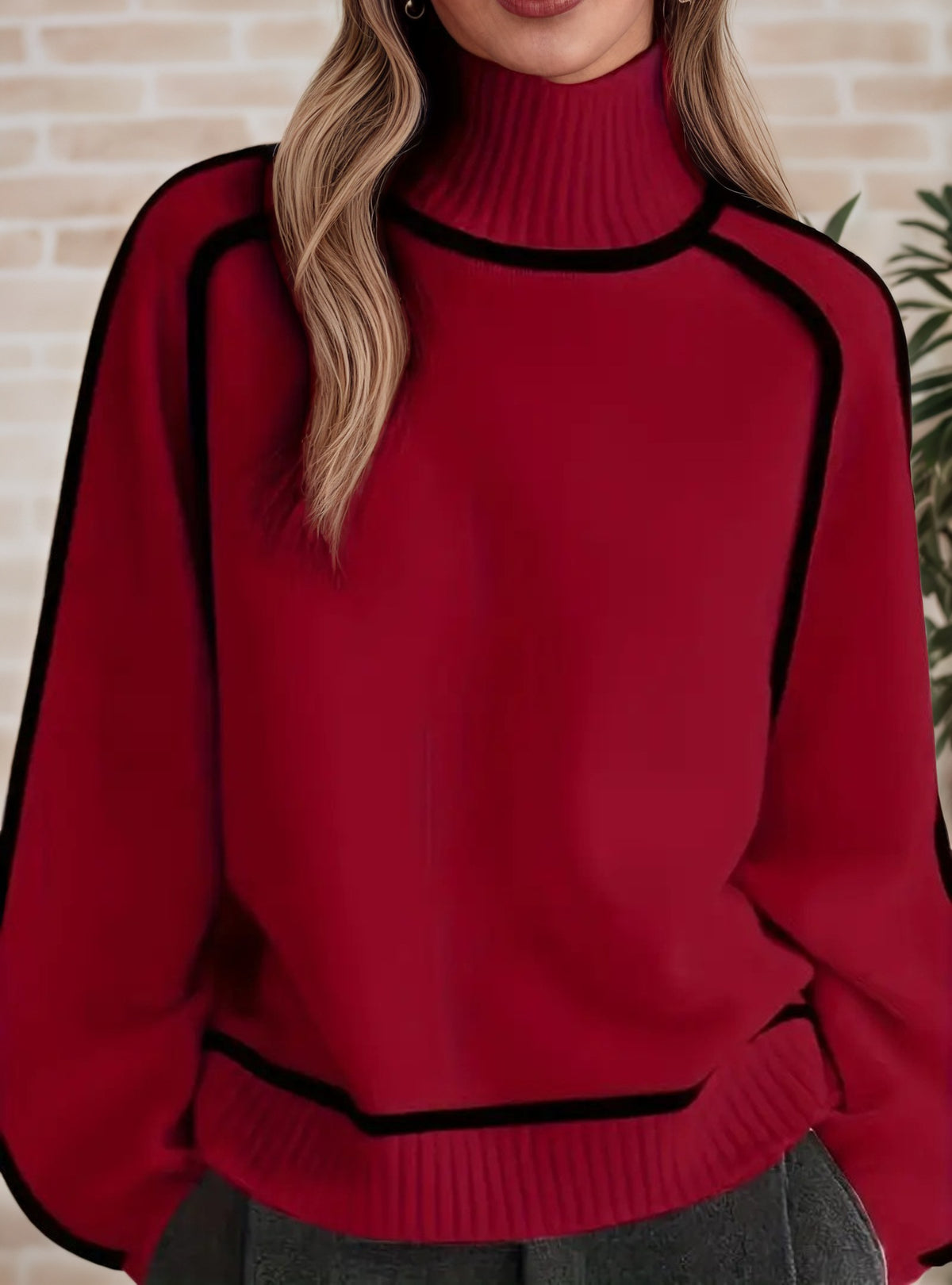 Women's Mock Neck Ribbed Sweater Contrast Trim Pullover