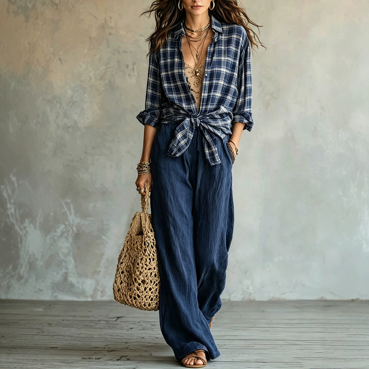Women's Plaid Shirt & Wide Leg Pants Matching Set