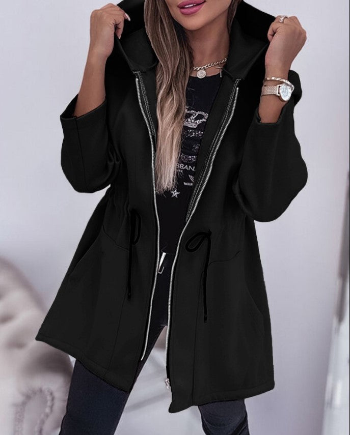 Women's Hooded Drawstring Waist Zip Up Mid Length Jacket