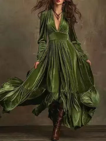 Women's Velvet Tiered Maxi Dress V Neck Long Sleeve