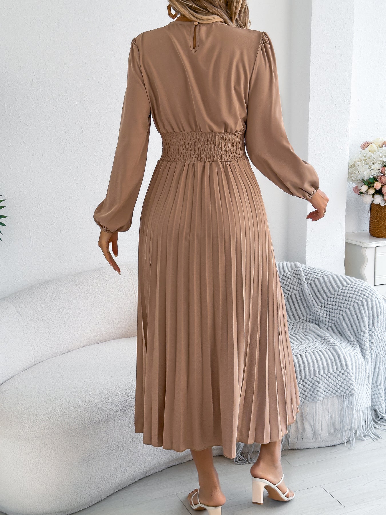 Pleated Maxi Dress Smocked Waist Long Sleeve Midi Dress