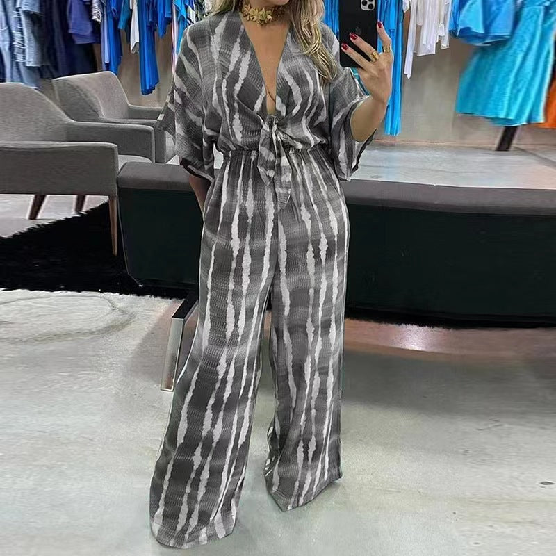 Women's V-Neck Printed Tie Waist Wide Leg Jumpsuit