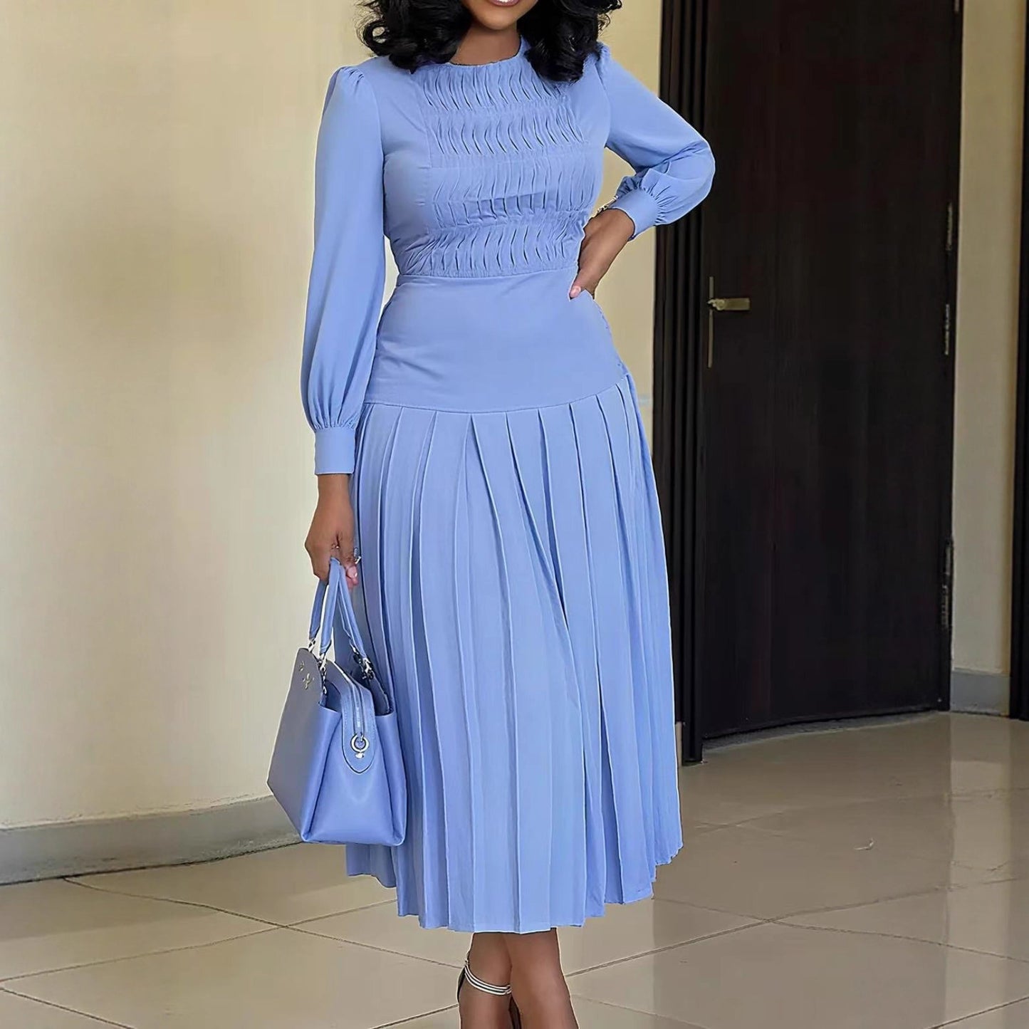 Women's Smocked Long Sleeve Pleated Blue Maxi Dress