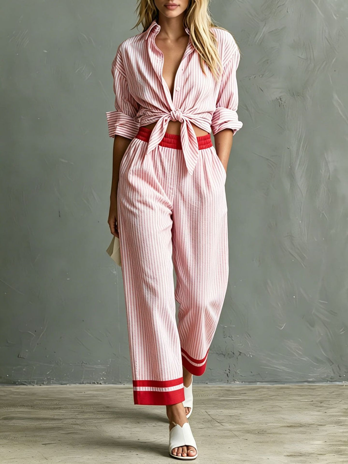 Women's Striped Button Down Shirt & Pants Matching Set