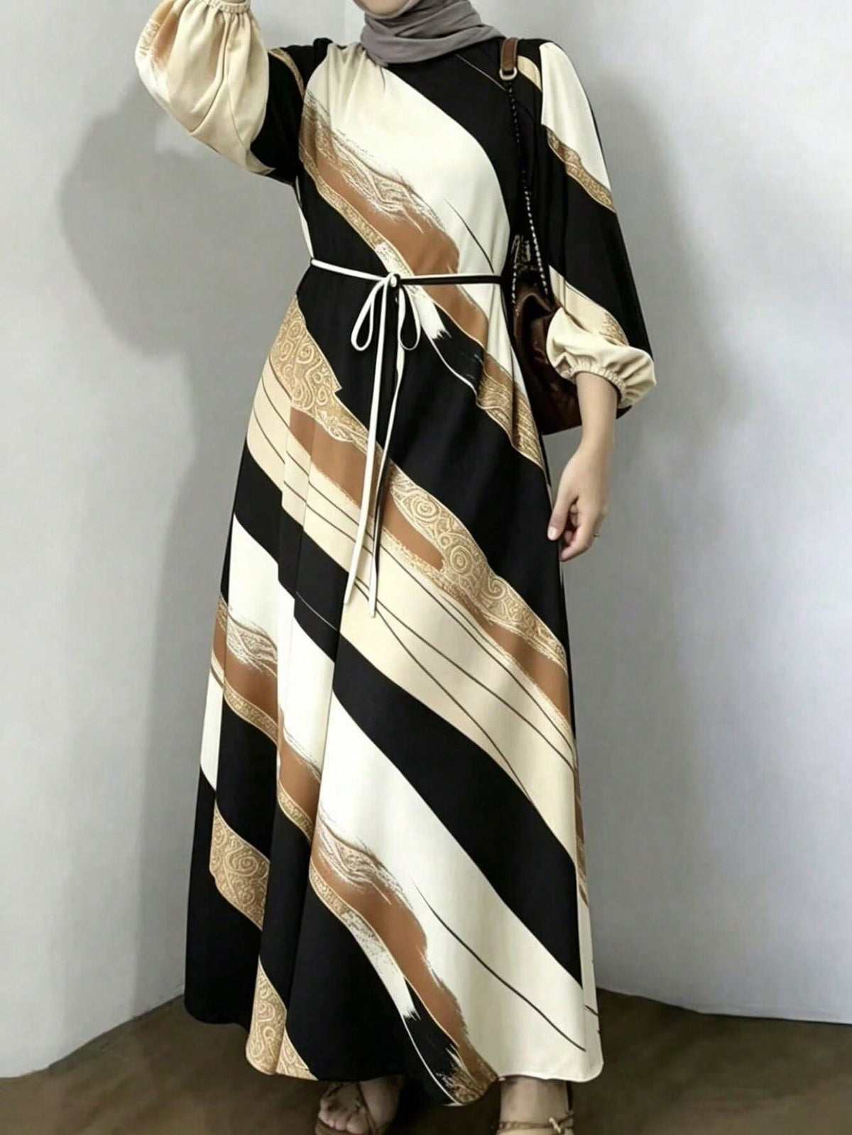 Abstract Print Tie Waist Maxi Dress Long Sleeve Elegant