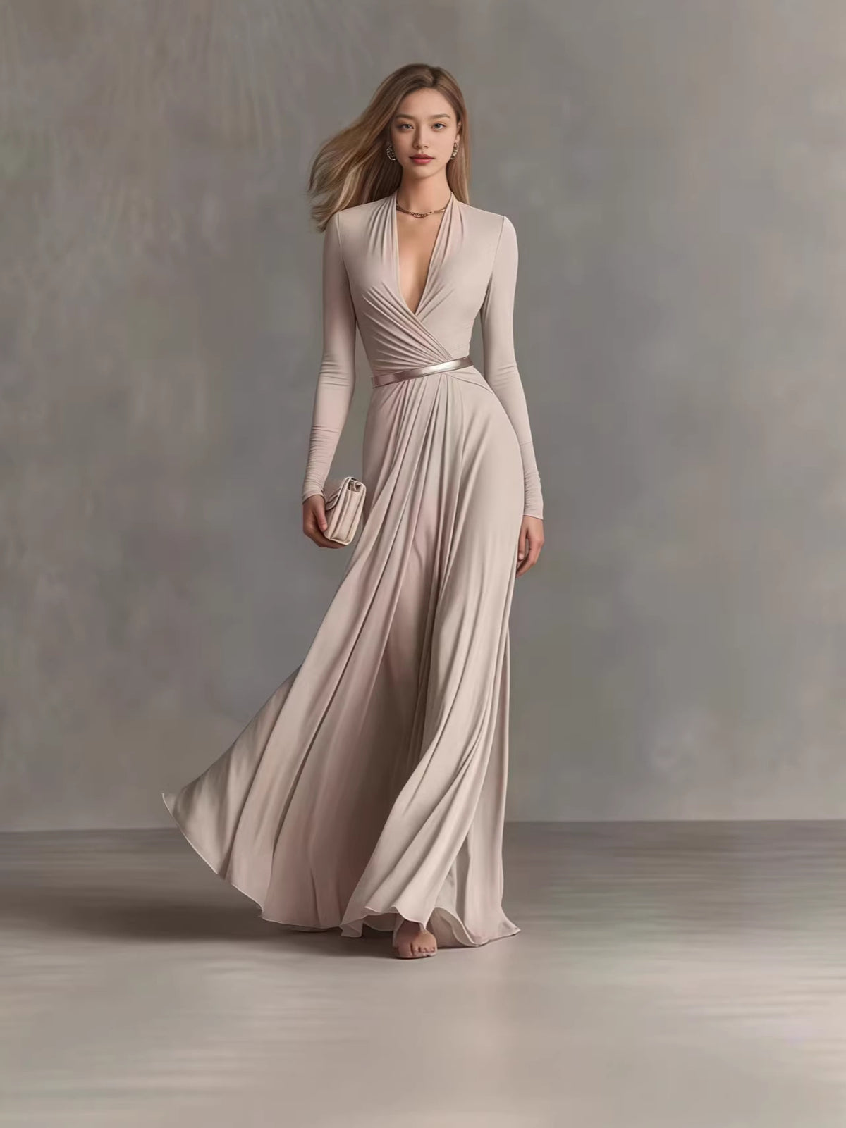 Elegant Deep V-Neck Long Sleeve Belted Maxi Dress