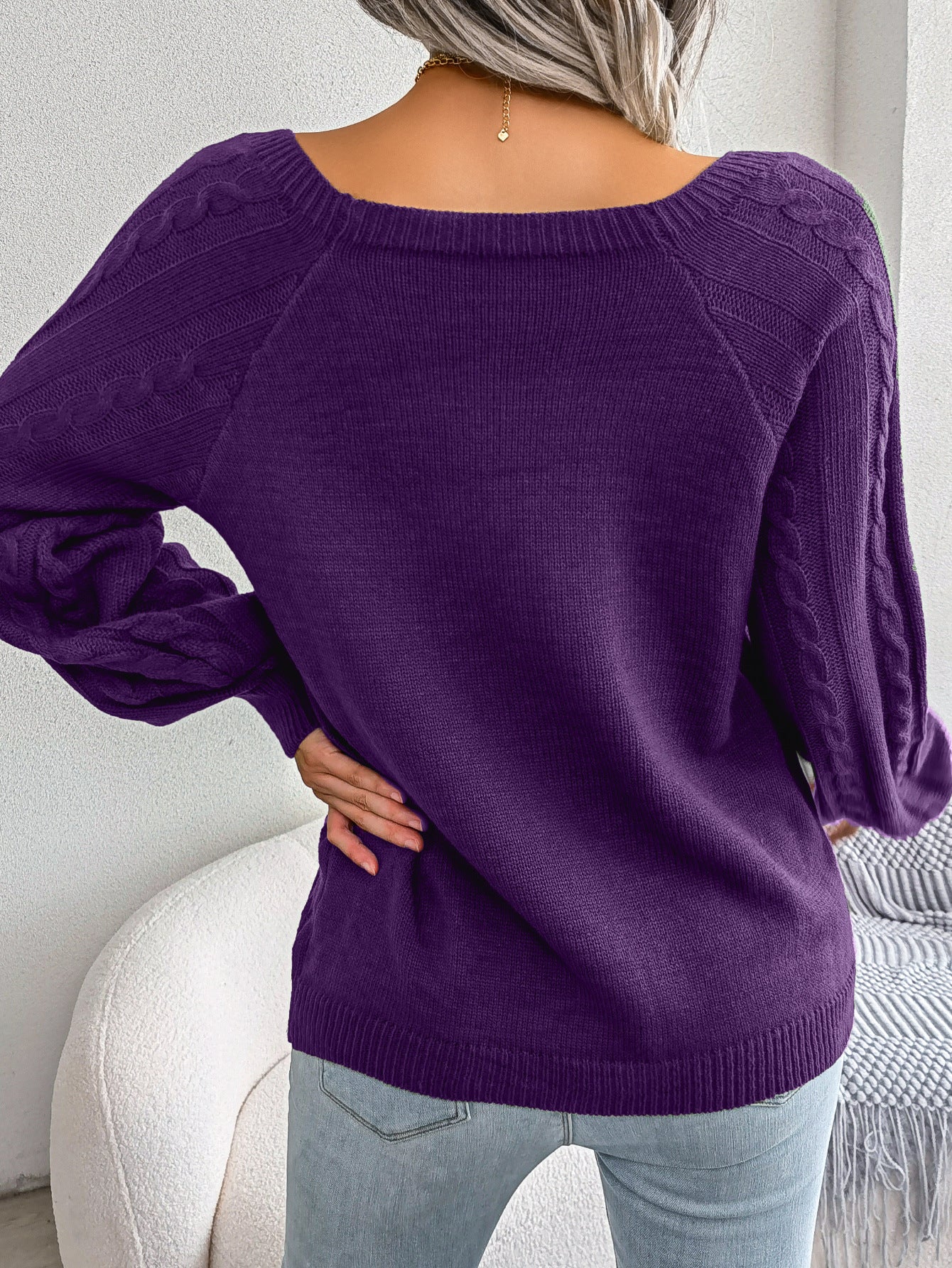 2025 Fall Winter Casual Square Neck Button Detail Cable Knit Sweater