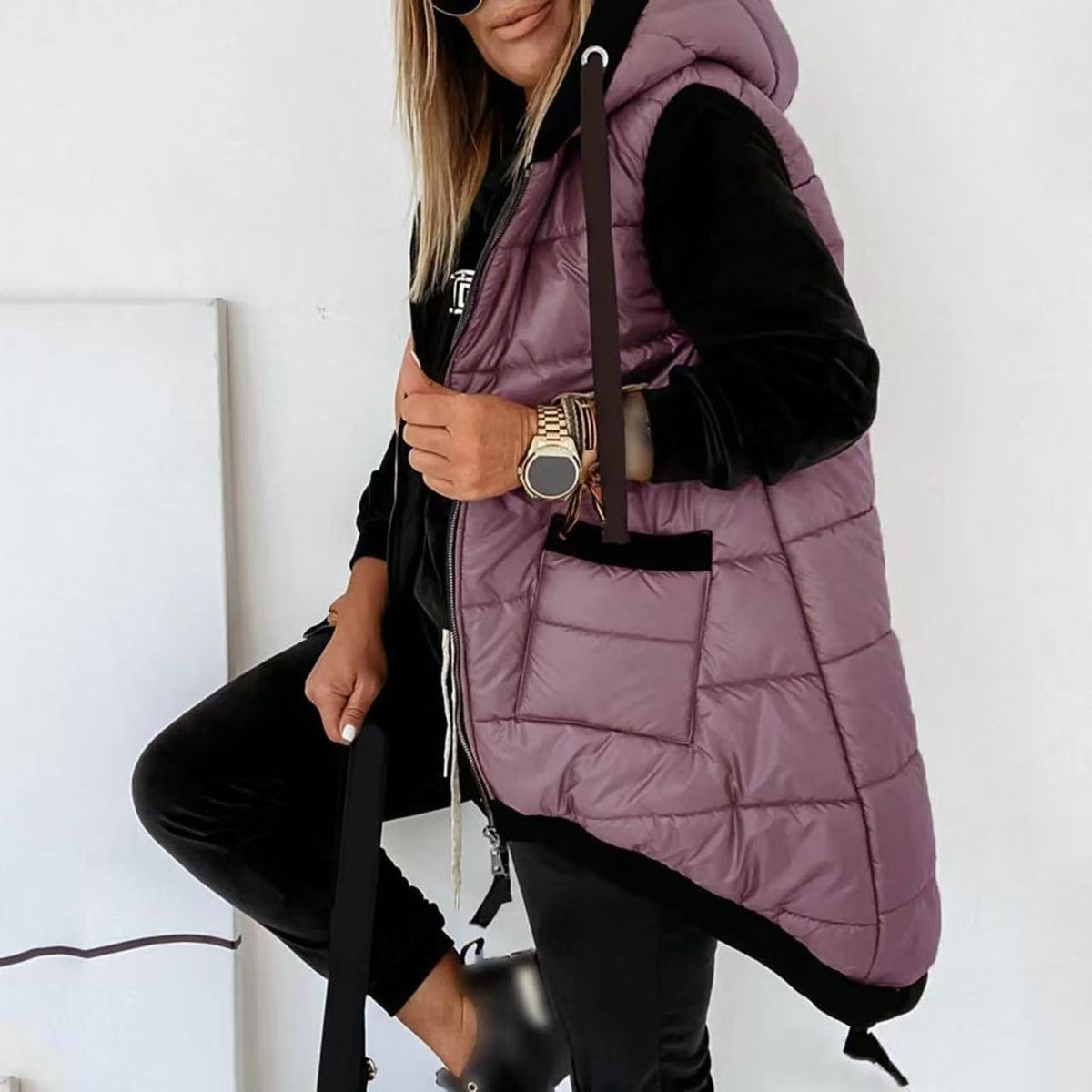 Oversized Hooded Zip-Up Puffer Vest with Pockets